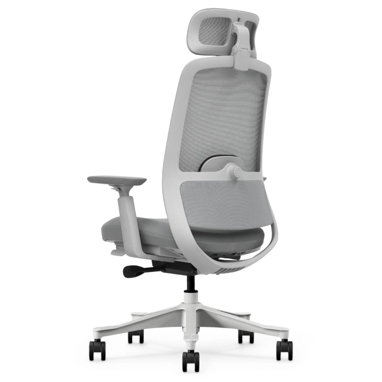 Fotel Ergonomiczny Biurowy ERGONAUT NIMBUS Szary – widok z tyłu pod kątem na lewą stronę białego stelaża.