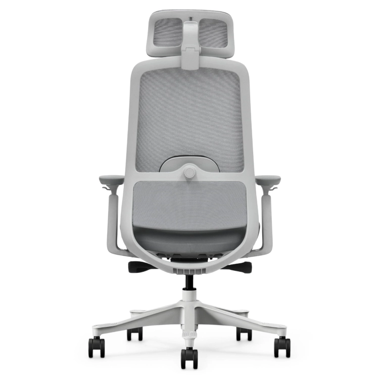 Fotel Ergonomiczny Biurowy ERGONAUT NIMBUS Szary – widok centralnie z tyłu na białą ramę i zagłówek.