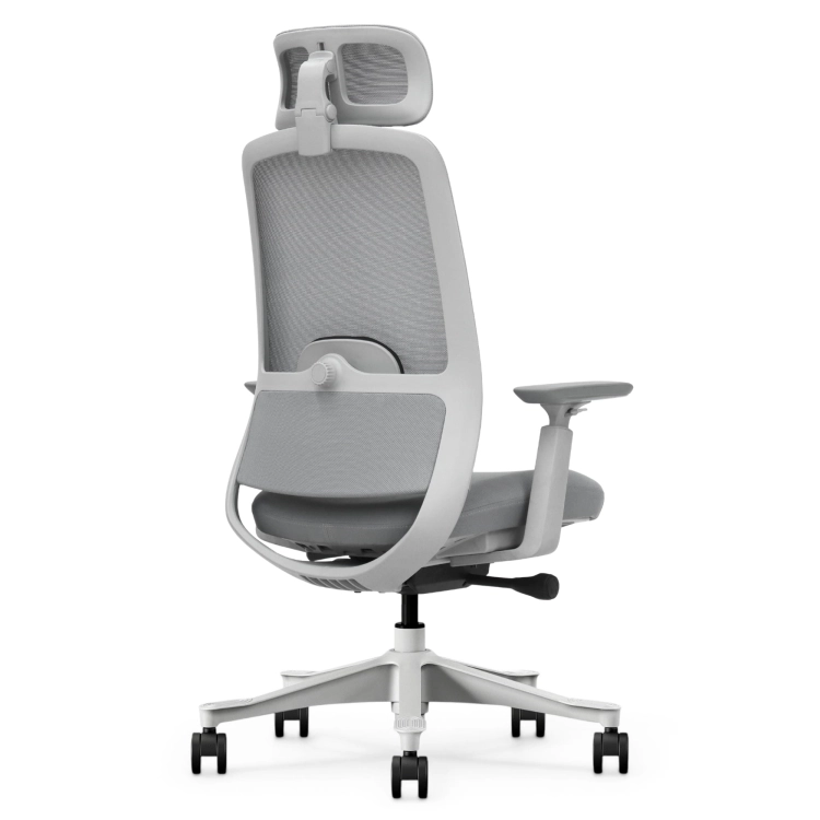 Fotel Ergonomiczny Biurowy ERGONAUT NIMBUS Szary – widok z tyłu pod kątem na prawą stronę białego stelaża.